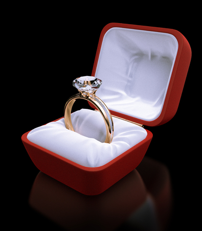 The Golden Ring with diamond in red box isolated on black background 3d renderingの写真素材