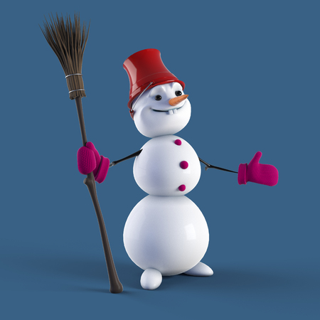 Happy snowman holding broom, Christmas Holiday character,の写真素材
