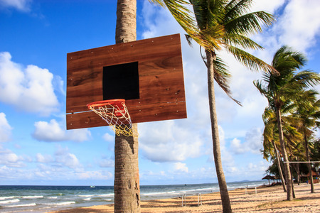 Basketball hoop on the beach with palm trees, sea, clouds and blue sky as a backgroundの写真素材
