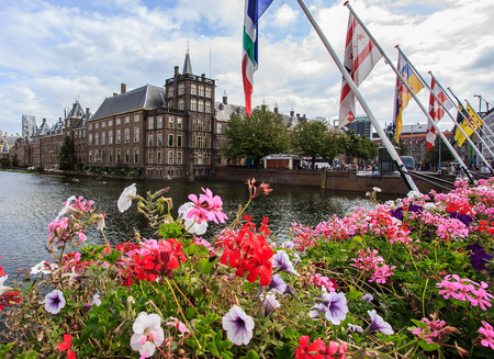 Beautiful view of Binnenhof Palace along the Hohvijfer canal in The Hague (Den Haag) with blue sky on a sunny day, Netherlands - Dutch Parliament Buildingsのeditorial素材
