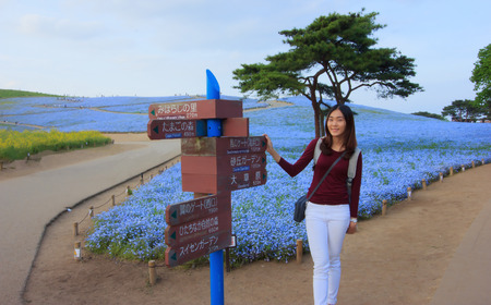 Asian woman standing with direction signs in front of colorful nemophila flow fields in Hitachi Seaside Park, Ibaraki, Japanの写真素材