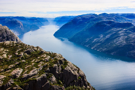 Majestic View from Preikestolen preacher pulpit rock, Lysefjord as background, Rogaland county, Norway, Europeの写真素材