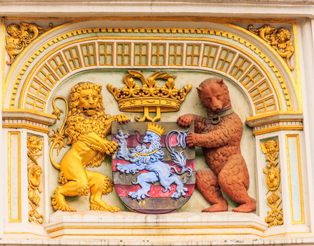 Heraldic lion and bear, town hall Coat of arms , the city arm of Bruges, Belgium, Europe.のeditorial素材
