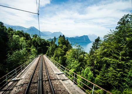 Railway track down Rigi Kulm Station, Lucerne, Switzerland.の写真素材