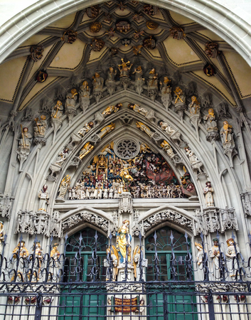 the remarkable sculpture, the Last Judgment, carved over the main entrance of St. Vincent Cathedral (Munster Kirche) at Munsterplatz, Berne, Switzerlandのeditorial素材