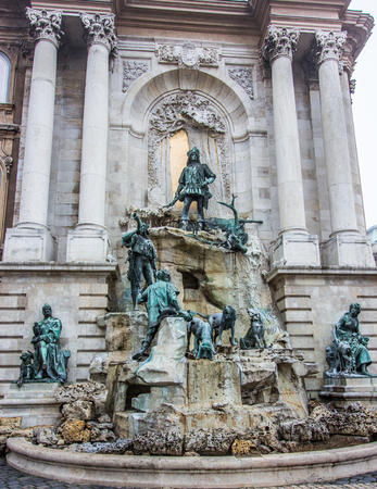 Alajos Stroblâs Neo-Baroque masterpiece: Matthias Fountain, a monumental fountain group in the western forecourt of Buda Castle, Budapest, Hungary, Europeのeditorial素材