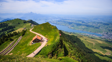 Panoramic Landscape View of Lake Lucerne and mountain ranges from Rigi Kulm viewpoint, Lucerne, Switzerland, Europe.の写真素材