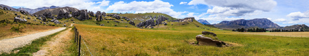 Top Tourist attractions and activities,  Majestic Castle Hill Panoramic Limestone Formation Boulders Landscape View, South Island, New Zealand. It is located between Darfield and Arthur's Pass.のeditorial素材
