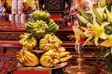Buddha's Hand (Citrus medica var. sarcodactylus) or fingered citron, (Vietnamese - phat thu). The fruit given as religious offering in Buddhist temple, symbolize happiness, longevity and good fortuneのeditorial素材