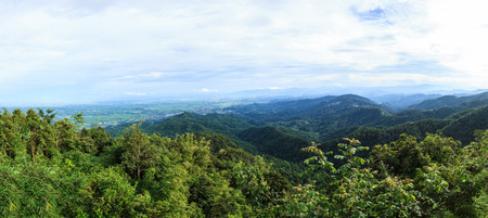 Thailand Tourism, Doi Tung natural mountain panoramic view. Thai popular landmark and landscape panorama, nature travel destination, attraction, outdoor activity in Mae Sai, Chiang Rai, Thailand, Asiaの写真素材