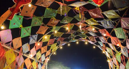 Colorful Traditional Thai Vintage Retro Kites Dome Ceiling in Asian Cultural Art Festival in Thailand. Thailand Tourism, Thai Cultural Travel, Native Tradition, Festival, Showcase Attraction conceptの写真素材
