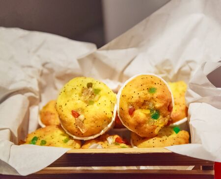 Selective Focused Freshly Baked Homemade Delicious Gluten Free Muffins with Colorful Candied Fruit Toppings. Food Catering, Sweets, Treats, Desserts, Snacks, Health, Nutrition and Cooking conceptの写真素材