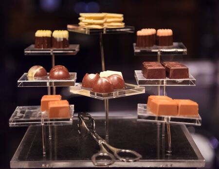 Selective Focused Chocolate Liquor, Rum Chocolates (Rum Balls, Rum Truffles). Alcoholic Beverage, Christmas snack, Dessert, Sweets, Treat, Bakery, Confectionery, Cake, Indulgence and Nutrition conceptの写真素材