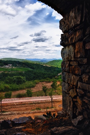 View from the castle on the hills of Tuscanyの写真素材