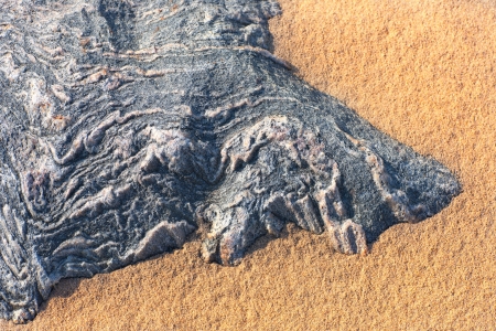 Stone relief on the golden sand after rainの写真素材