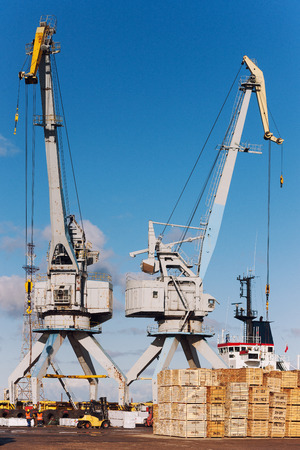 Wooden blocks on the loading at the port with cranes and loadersの写真素材
