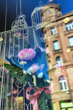 Bird cage and a bouquet of flowers in a shop window with a reflection of houses on the streetの写真素材
