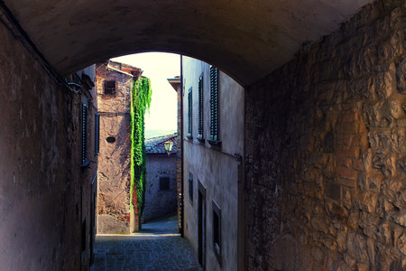 Typical street with an arch of a small town in Tuscany with green ivy on the wallの写真素材