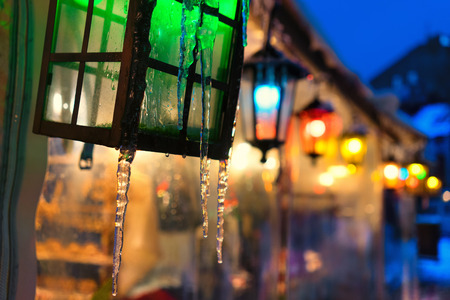 Latvia. Riga. December 2014. Beautiful lights with icicles and a bright light at the fair in Christmasの写真素材