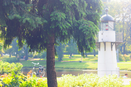 Latvia. Riga. Green pine tree among the flowers in the summer in the city park with a bicycle near the lighthouse channelの写真素材