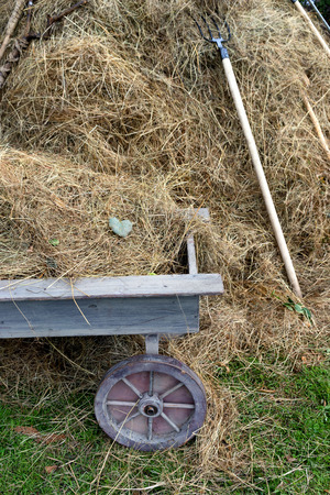 A cart on wheels with hay and a pitchfork in haystack for harvesting dry grassの写真素材