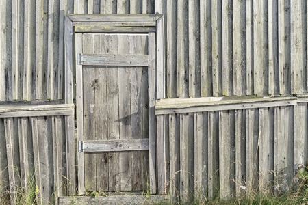 Wooden gray door in the fence of vertical boards