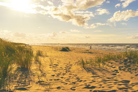 Cyclist rides a sport bike on the Baltic beach on the background of the dunes and the lighthouse in the sea in the light of the sun.の写真素材