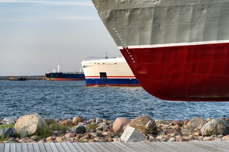 Liner in Venta River in Ventspils. Ventspils a city in the Courland region of Latvia.