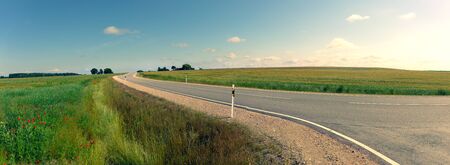 Asphalt road between agricultural fields of Latvia. Sunny summer bright day.の写真素材