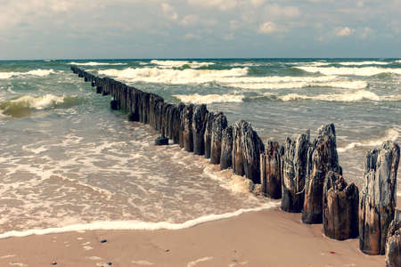 Piles of an old wooden pier in the Baltic. Remains of a wooden pier in the sandy beach for fishing boats. Beautiful waves on the coast of Latvia in Kurzemeの写真素材