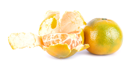 Peeled oranges on white backgroundの写真素材
