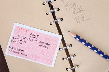 Train tickets on a brown notebook page with a pencilのeditorial素材