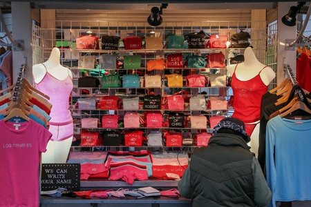 Stand where you can buy t-shirts and underwear customizable with names, places or any short text.のeditorial素材