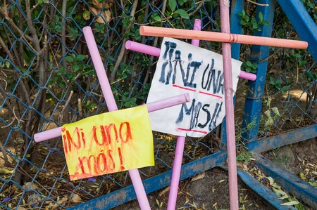 Reforma Avenue, Mexico City - March 25, 2018. Assembly carried out mainly by women on Reforma Avenue and The Angel of Independence where they placed thousands of wooden crosses in pink with various messages as a protest against of feminicide and insecuritのeditorial素材
