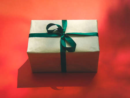 gift box with green ribbonの写真素材