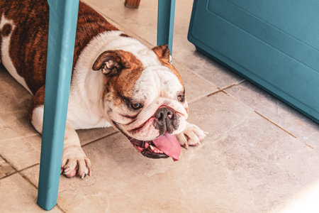 Brindle bulldog resting under a chair.の写真素材