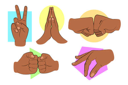 Set of gesture or sign stickers with brown hands. Vector.のイラスト素材