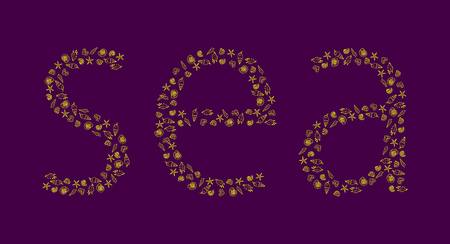 The word sea is made up of hand-drawn yellow outlines of starfishes and various types of seashells on a purple background.のイラスト素材