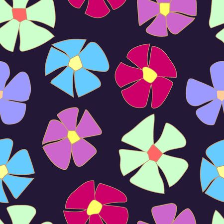 simple five-petal flowers of violet, lilac, cyan, burgundy and light turquoise on a dark background. seamless patternのイラスト素材