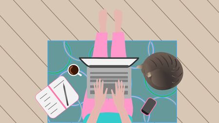 A woman in pink pants sits on a blue rug and works at a laptopのイラスト素材