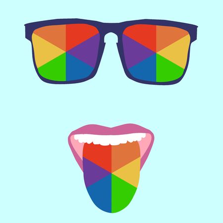 square glasses in a blue frame with glasses painted in rainbow colors and an open mouth with a protruding tongue painted in rainbow colors on a blue background. LGBT Symbolsのイラスト素材