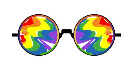round sun glasses with color LGBT flag stains on glasses with colored frames on a white background
