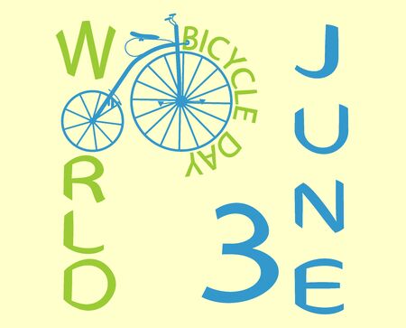 green color inscription world bike day and old bike and blue June 3 inscription in blue on a light backgroundのイラスト素材