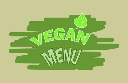 monochrome green inscription vegan menu with one leaf on a green background from large stripesのイラスト素材