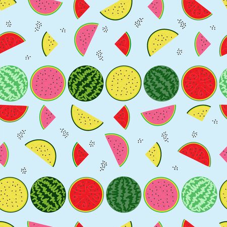 seamless pattern of striped watermelons, halves and slices of pink, yellow and red watermelons on a...