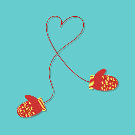 red mittens with yellow ornament, hand-drawn on a red rope folded in the shape of a heart on a cyan backgroundのイラスト素材