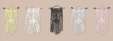 set of identical wall panels using macrame technique in yellow, pink, gray, and white