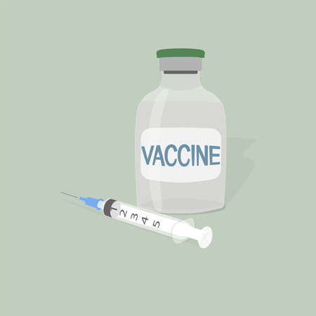 a glass vial for injection with a clear liquid and the inscription vaccine and a disposable five-millimeter syringe lies nearbyのイラスト素材