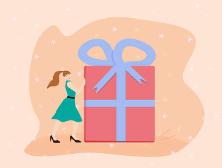 a girl with red hair gathered in a bun and in a cyan-colored dress pushes a big red gift boxのイラスト素材