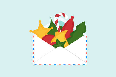paper mail envelope with Christmas decorations and striped caramel inside on a light background. new year concept. flat styleのイラスト素材